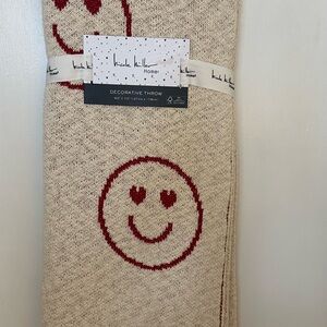 Nicole Miller Cream and Red Smiley Face Throw 100% Cotton Knitted Soft Cozy